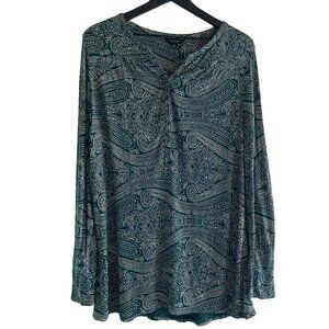 LUCKY BRAND Paisley Green White Long Sleeves Brown Button Neck/Wrist Blouse 1X